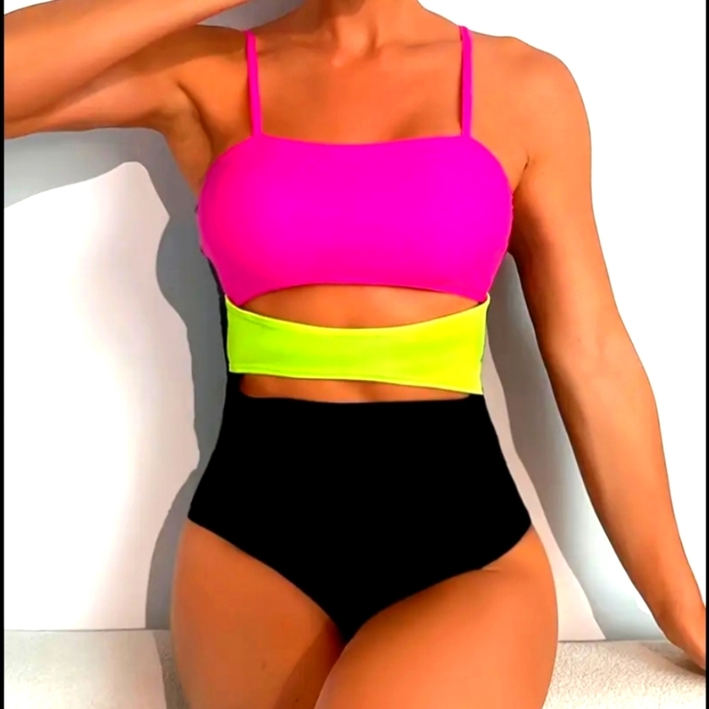 Colorblock Women's One Piece Pink, Yellow, Black Swimsuit